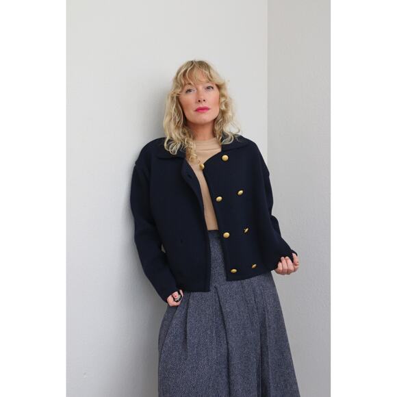 2000's Vintage F. by Faconnable French Navy Wool Cardigan Men's LG Women's LG XL - Picture 3 of 7